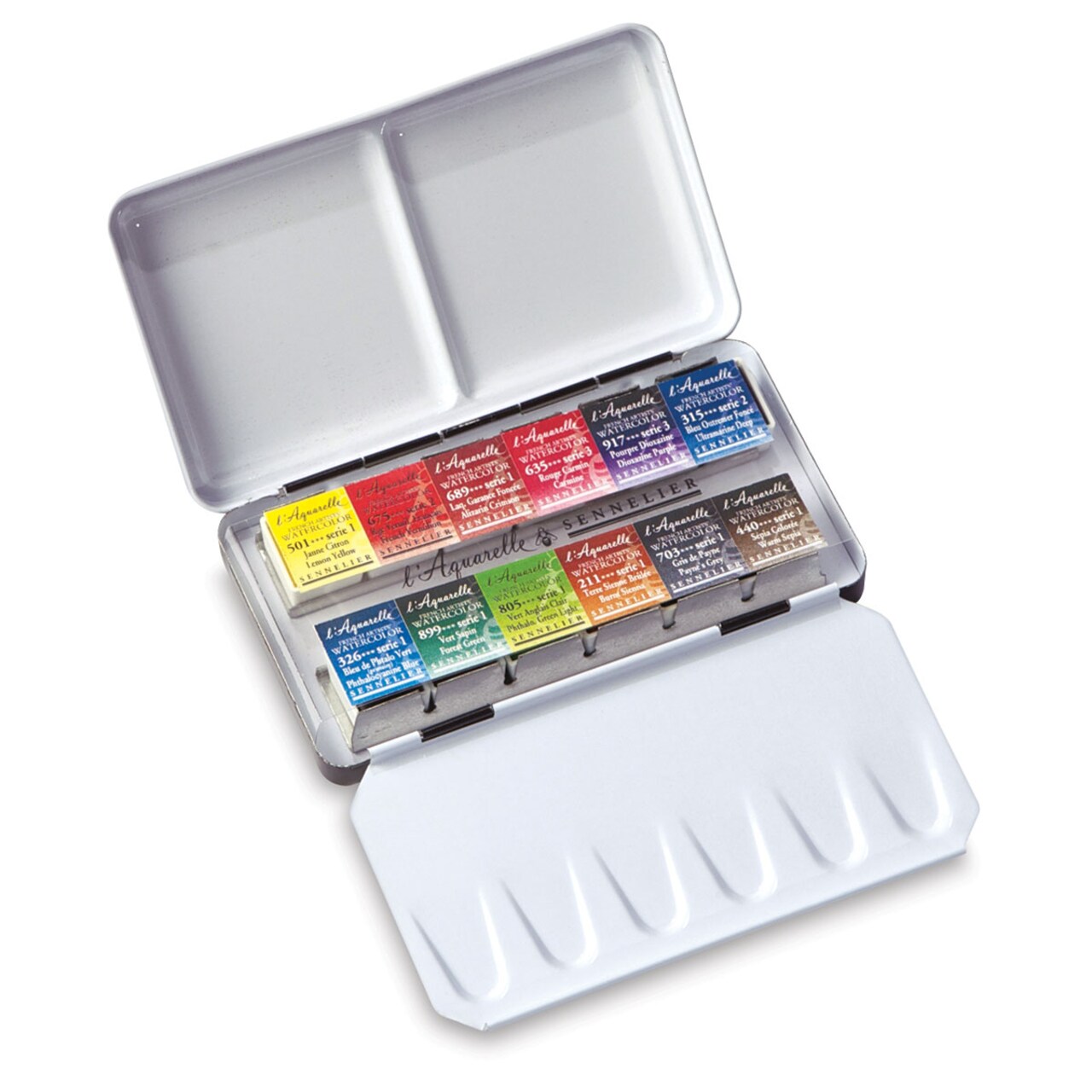 Sennelier French Artists' Watercolors - Set of 12, Metal Pocket Box, Half Pans
